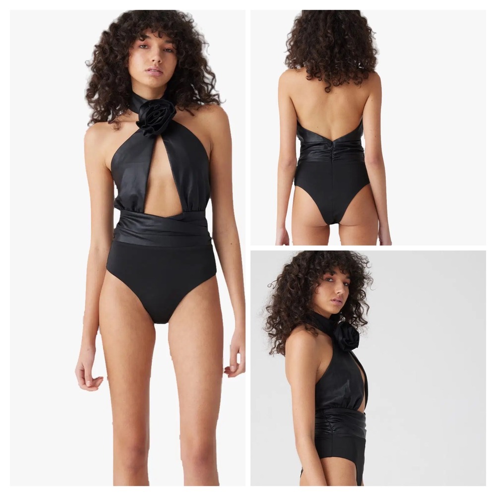NWT Atoir Never Let Go Bodysuit Women L US 8 Black Faux Leather Rosette Halter‎